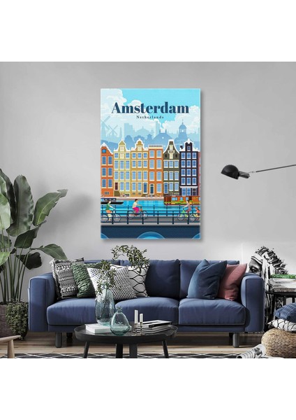 Amsterdam Gezisi Ilüstrasyon Bisikletle Gezen Turistler Kanvas Tablo
