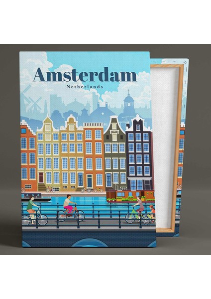 Amsterdam Gezisi Ilüstrasyon Bisikletle Gezen Turistler Kanvas Tablo
