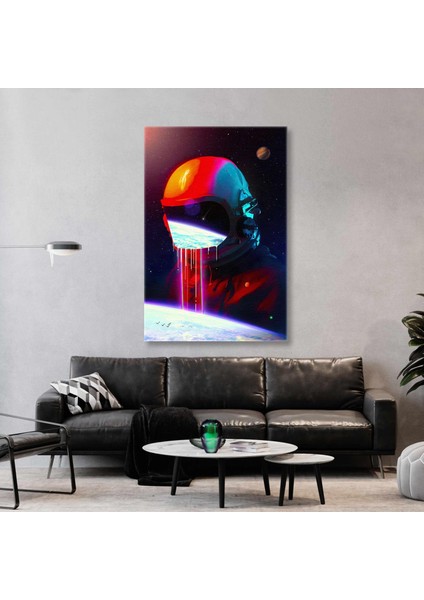 Dünya Ya Bakan Kırmızı Kıyafetli Astronot Grafitti Detaylı Kanvas Tablo