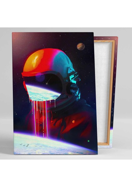 Dünya Ya Bakan Kırmızı Kıyafetli Astronot Grafitti Detaylı Kanvas Tablo