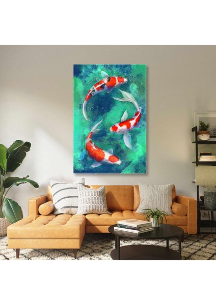 Birbirini Takip Ederek Yüzen Üç Koi Balığı Kanvas Tablo