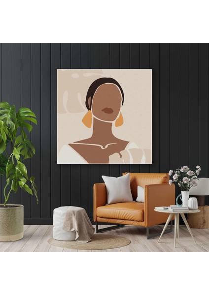 Sarı Büyük Küpeli Toplu Saçlı Kadın Ilüstrasyonu Modern Minimal Kanvas Tablo