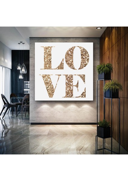Love Altın Sarısı Simli Aşk Yazısı Kanvas Tablo