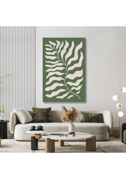 Yeşil Fon Üzerine Bej Büyük Yaprak Ilüstrasyonu Minimal Boho Kanvas Tablo