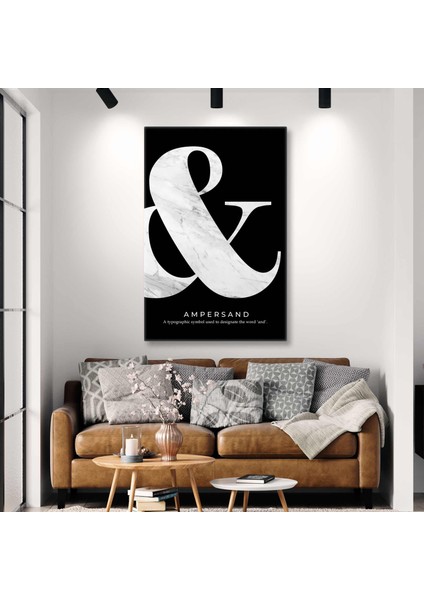 Ile Işareti Mermer Desen Siyah Fon Ampersand Tipografik Minimal Iskandinav Tarzı Kanvas Tablo