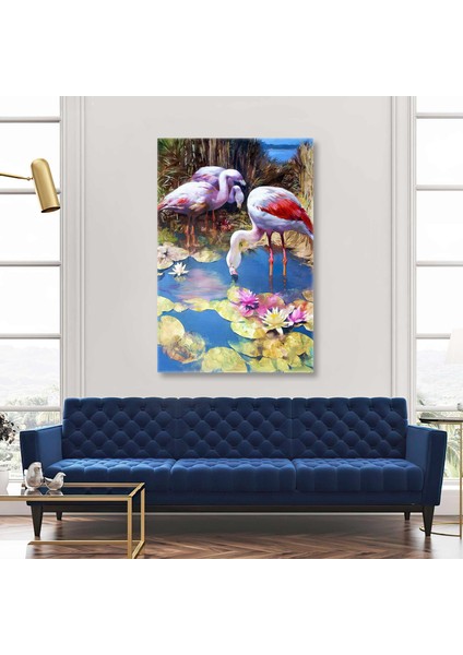 Gölden Su Içen Pembe Flamingolar Kanvas Tablo