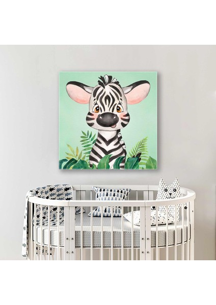 Bebek Zebra Tropikal Bitkiler Yeşil Fon Bebek Odası Kanvas Tablo