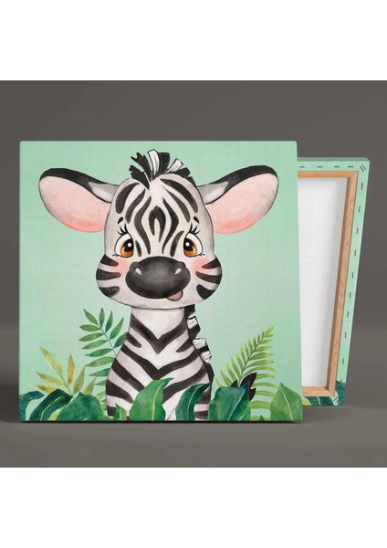 Bebek Zebra Tropikal Bitkiler Yeşil Fon Bebek Odası Kanvas Tablo