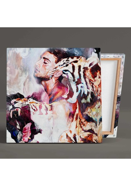 Iki Kaplanla Birlikte Poz Veren Adam Sürrealist Kanvas Tablo fiyatları