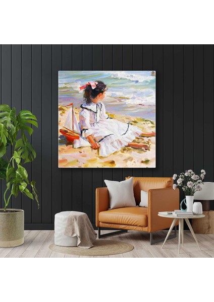 Deniz Kenarında Yelkenlisiyle Oynayan Beyaz Elbiseli Küçük Kız Kanvas Tablo