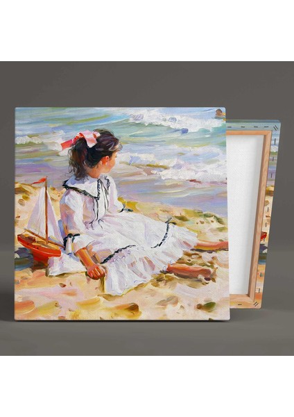 Deniz Kenarında Yelkenlisiyle Oynayan Beyaz Elbiseli Küçük Kız Kanvas Tablo fiyatları