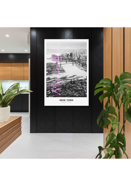Newyork Manhattan Şehir Manzarası Neon Pembe Yazı Detaylı Kanvas Tablo