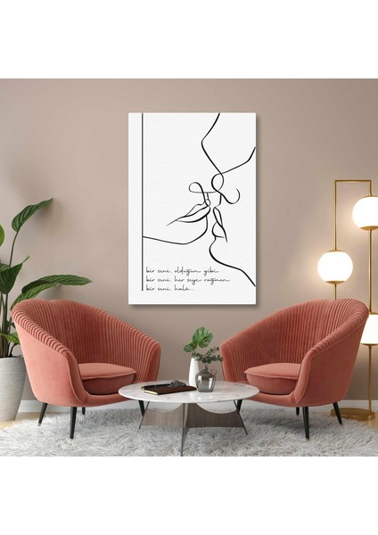 Bir Seni Şiir Öpüşen Çift Line Art Çizgisel Kanvas Tablo