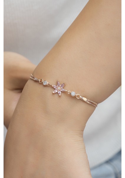 925 Ayar Pembe Taşlı Lotus Çiçeği Gümüş Bileklik
