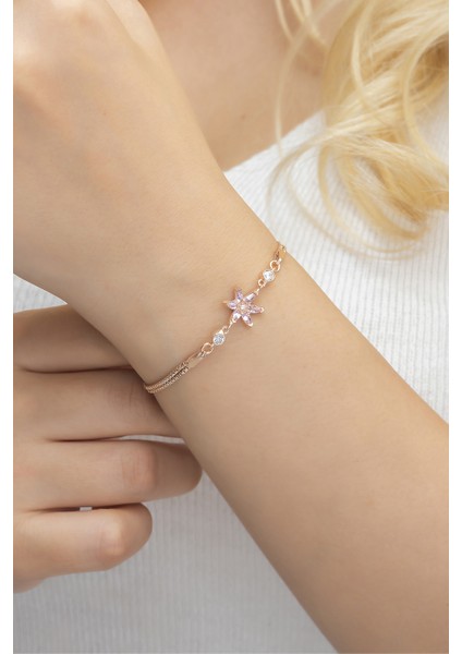 925 Ayar Pembe Taşlı Lotus Çiçeği Gümüş Bileklik fırsatları