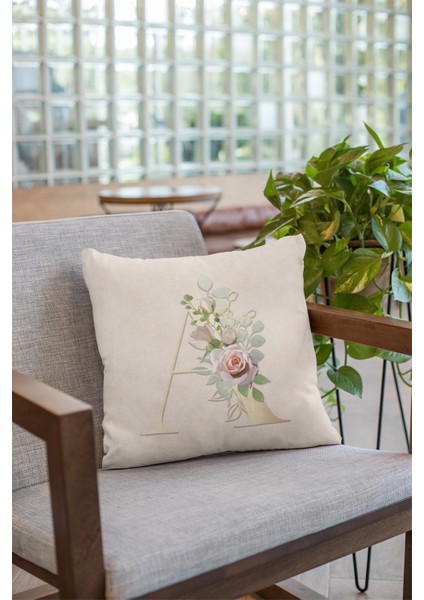 43 x 43 cm Bej Tay Tüyü Döşemelik Premium Kumaş Dekoratif Çift Taraflı A Harfli Kırlent Kılıfı KRL531