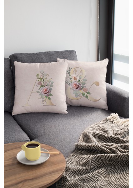 43 x 43 cm Bej Tay Tüyü Döşemelik Premium Kumaş Dekoratif Çift Taraflı A Harfli Kırlent Kılıfı KRL531