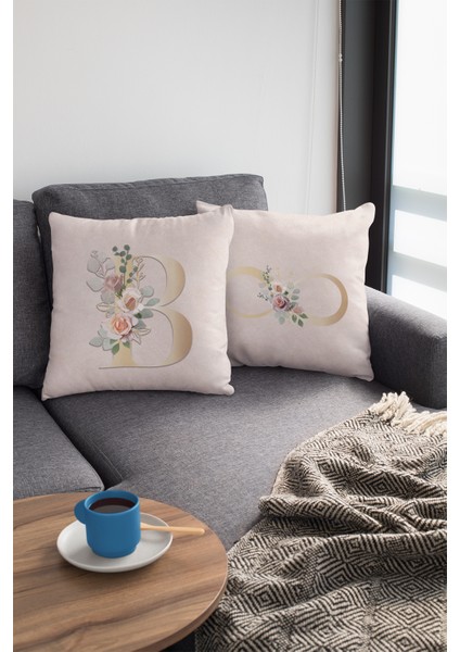 43 x 43 cm Bej Premium Kumaş Tay Tüyü Döşemelik Dekoratif Çift Taraflı B Harfli Kırlent Kılıfı KRL532 fiyatları