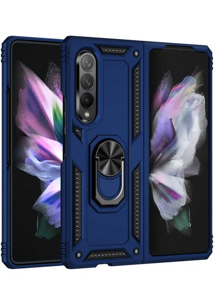 Samsung Galaxy Z Fold 4 Anka Serisi Yüzük Standlı Armor Kılıf - Mavi