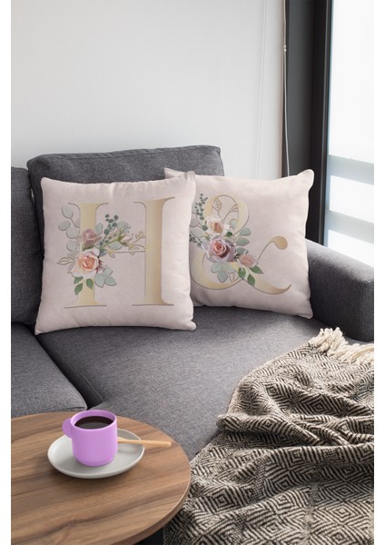43 x 43 cm Bej Çift Taraflı Tay Tüyü Döşemelik Premium Kumaş Dekoratif H Harfli Kırlent Kılıfı KRL539 modelleri