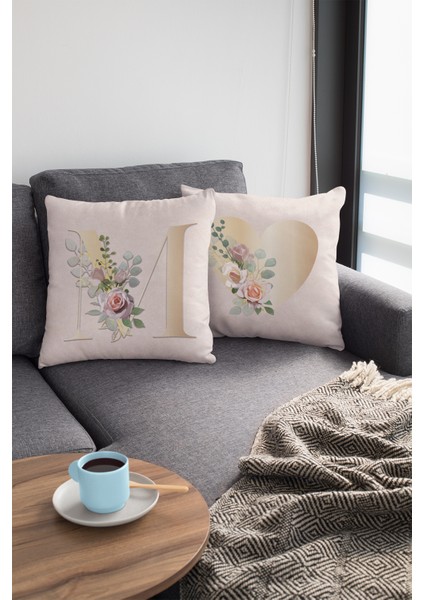 43 x 43 cm Bej Premium Kumaş Tay Tüyü Döşemelik Dekoratif Çift Taraflı M Harfli Kırlent Kılıfı KRL545 modelleri