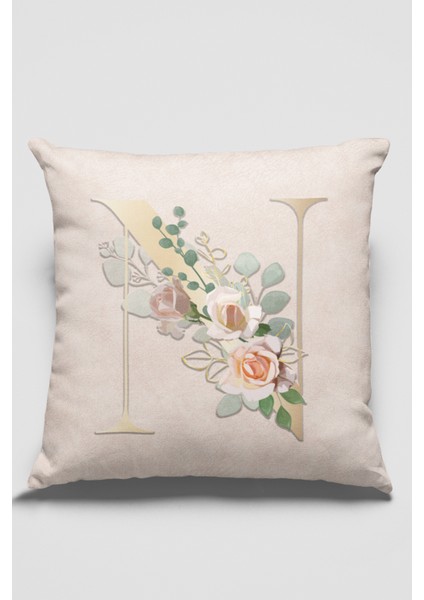 43 x 43 cm Bej Tay Tüyü Döşemelik Premium Kumaş Dekoratif Çift Taraflı N Harfli Kırlent Kılıfı KRL546