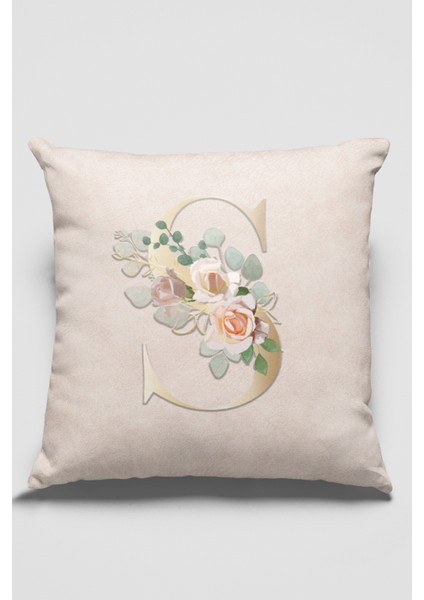 43 x 43 cm Bej Çift Taraflı Tay Tüyü Döşemelik Premium Kumaş Dekoratif S Harfli Kırlent Kılıfı KRL551