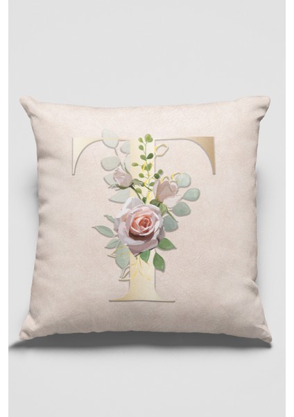 43 x 43 cm Bej T Harfli Yastık Kılıfı Tay Tüyü Döşemelik Premium Kumaş Dekoratif Çift Taraflı KRL553