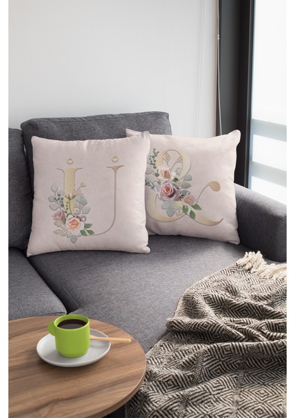 43 x 43 cm Bej Çift Taraflı Premium Tay Tüyü Döşemelik Kumaş Dekoratif Ü Harfli Kırlent Kılıfı KRL555 modelleri