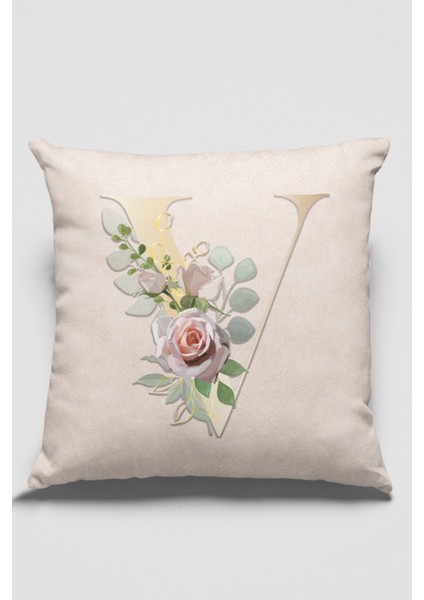 43 x 43 cm Bej Tay Tüyü Döşemelik Premium Kumaş Dekoratif Çift Taraflı V Harfli Yastık Kılıfı KRL556