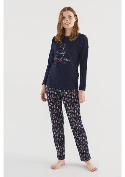 Kadın Lacivert Yuvarlak Yaka Pijama Takım 16826