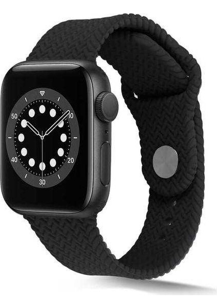 Apple Watch 4 44MM Uyumlu Kordon Hasır Örgü Görünüm Silikon Saat Kordonu 44/K37--SIYAH