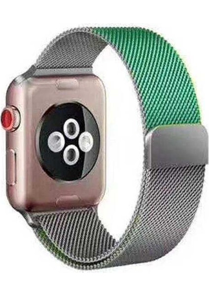 Apple Watch 3 38MM Uyumlu Kordon Çift Renk Metal Hasır Örgü Saat Kordonu 38/K22--YEŞIL