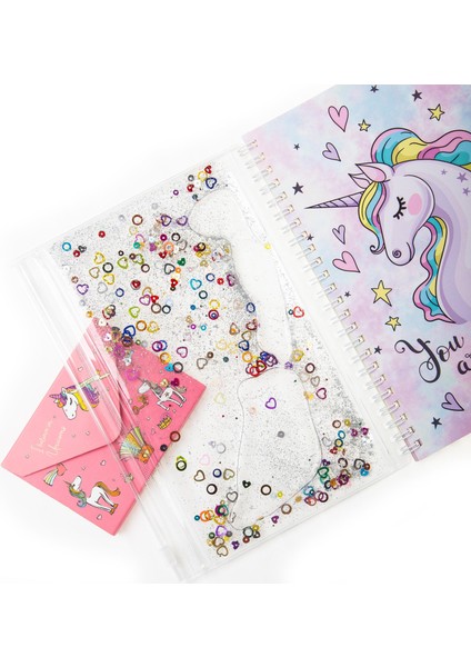 A5 Boy Simli ve Sulu Şeffaf Kalemlikli Defter Unicorn fiyatları