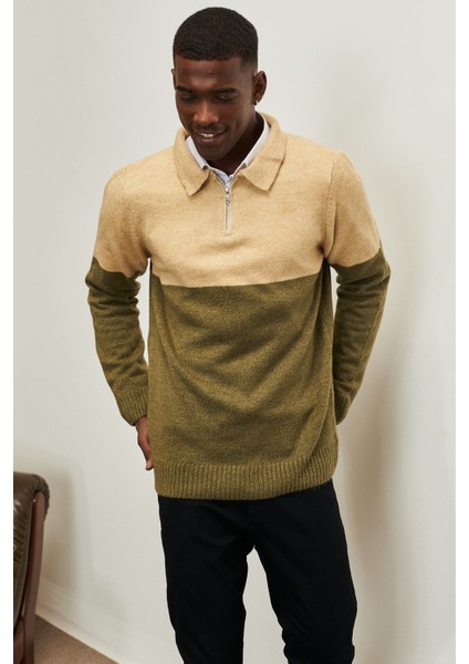 Erkek Bej Hakı Standart Fit Normal Kesim Polo Yaka Şardonlu Yumuşak Dokulu Triko Kazak fırsatları