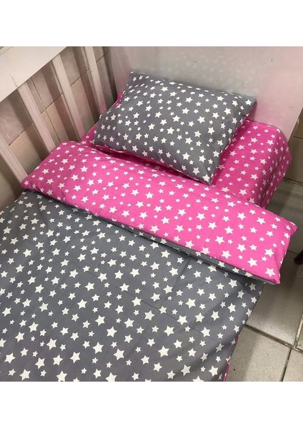Pamuk Bebek/çocuk Yastık Çarşaf Yorgan Seti Pembe Gri Yıldızlı 70X110