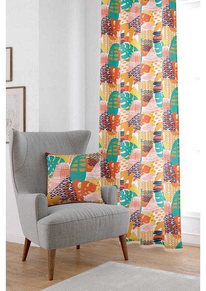 Turuncu Yeşil Tropik Geometrik Desenli Dijital Baskılı Perde CGH1047-PR