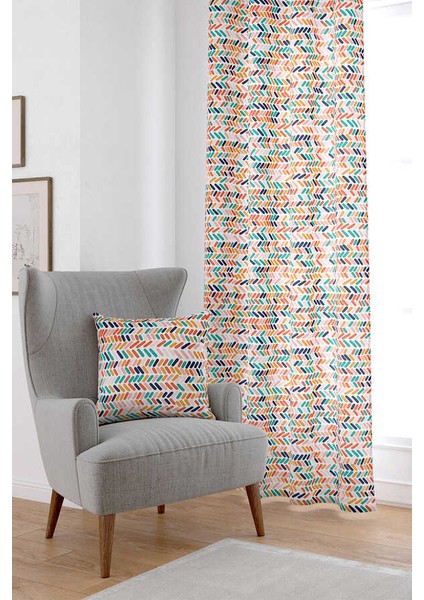 Turuncu Yeşil Tropik Geometrik Desenli Dijital Baskılı Perde CGH1045-PR