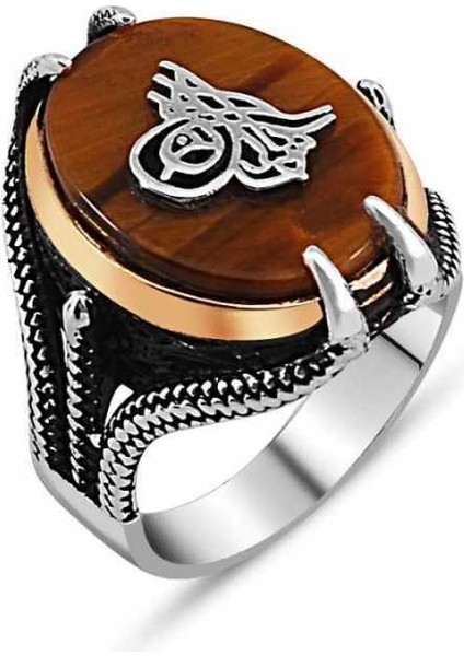 Gümüş Kaplan Gözü Taşlı Tuğralı Erkek Yüzük fiyatları