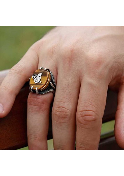 Gümüş Kaplan Gözü Taşlı Tuğralı Erkek Yüzük fırsatları