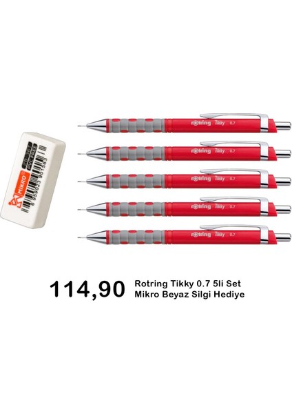 Tikky 0.7 mm Kırmızı 5'li Set Silgi Hediyeli fiyatları