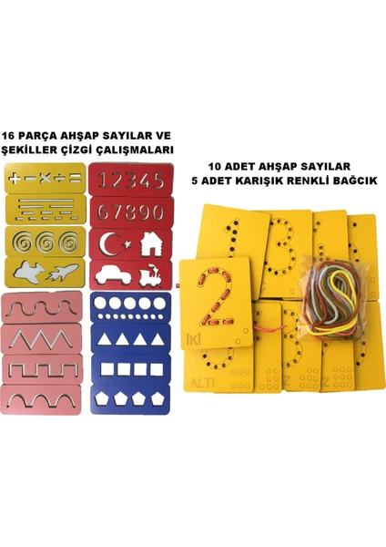 Trendy Toys Eğitici Ahşap Çizgi Çalışmaları ve Sayılar Ip Geçirme Oyunu