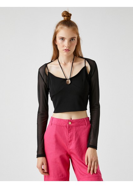 Koton Uzun Kollu Tişört Crop Pencere Detaylı modelleri