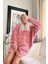 Pembe Kapşonlu Tam Peluş Oversize Sweat Panço Pijama 2