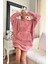 Pembe Kapşonlu Tam Peluş Oversize Sweat Panço Pijama 3