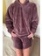 Acı Kahve Kapşonlu Tam Peluş Oversize Sweat Panço Pijama 4