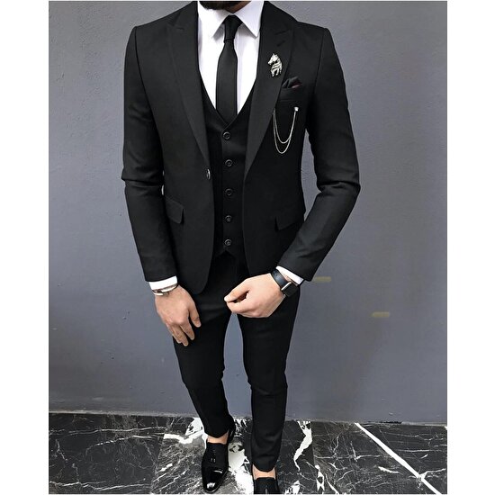 Valcesa Erkek Siyah Dar Kesim Yelekli Düz Renk Takım Elbise (Kravat ve Yaka Süsü Hediye)