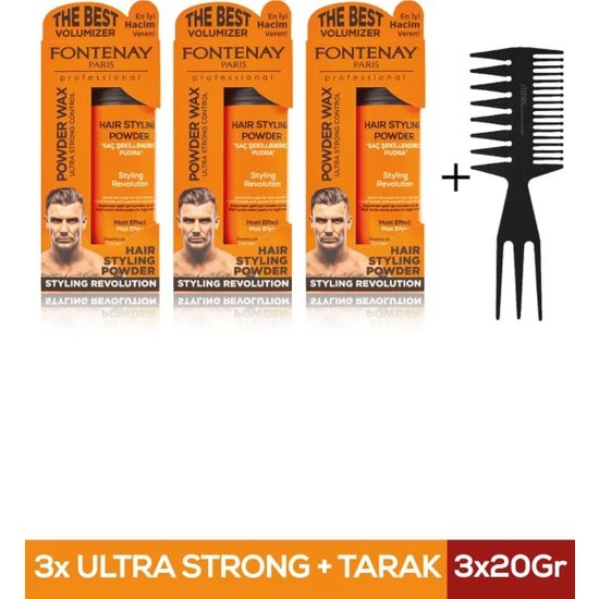 Fontenay Saç Şekillendirici Pudra Toz Wax Ultra Strong Turuncu 20GR X3 + Şekil Tarağı 4'lü Set