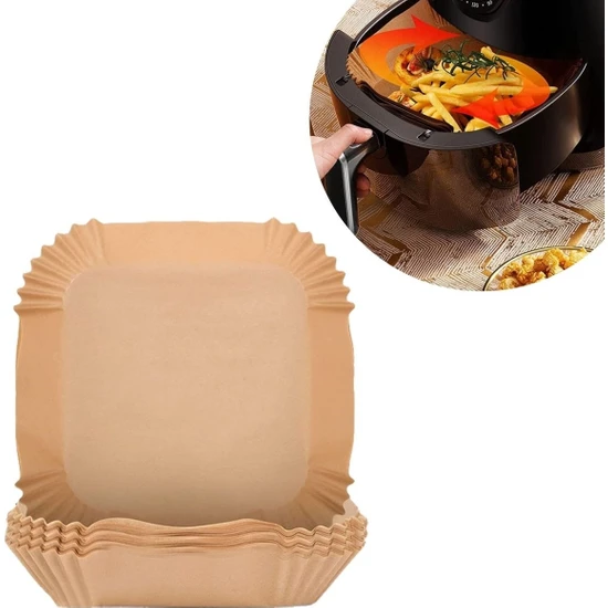 Buffer Buffer®  100 Adet Air Fryer Pişirme Kağıdı Tek Kullanımlık Hava Fritöz Yağ Geçirmez Yapışmaz Gıda Pişirme Kağıdı Kare Tabak Model