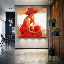 SML Tablo Kırmızı Elbiseli Kırmızı Büyük Şapkalı Şarap Içen Kadın Kanvas Tablo